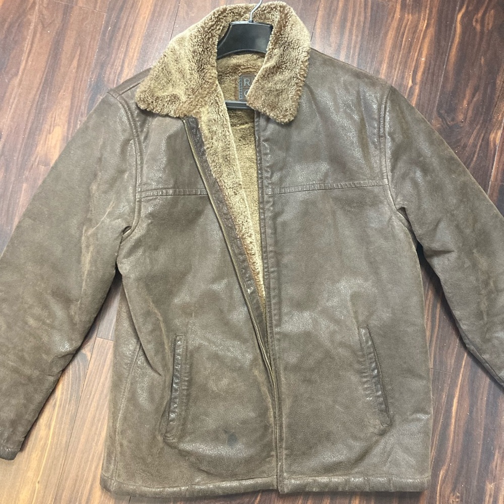 RC COMSTOCK Brown Leather Full Zip Mens Xl Jacket Soft Faux Fur Lining